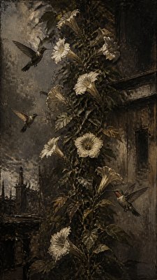 a climbing vine of flowers and hummingbirds on a dark background, tall wrapping composition, no text