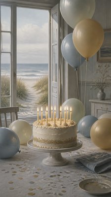 a birthday cake with lit candles surrounded by balloons and confetti, festive vertical composition, no text