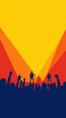 a live music scene with a glowing stage and silhouetted crowd, energetic vertical composition with open space at the top, no text