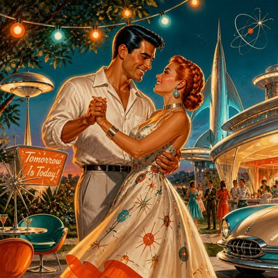 an original couple dancing under string lights in a garden at dusk: a man with short black hair in a linen shirt and a woman with braided red hair in a summer dress
