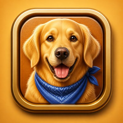 portrait of a golden retriever wearing a blue bandana, warm plain backdrop, no text