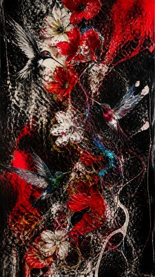 a climbing vine of flowers and hummingbirds on a dark background, tall wrapping composition, no text