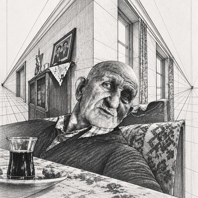 a drawing of a man sitting at a table