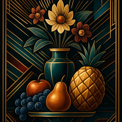 still life arrangement of fruits and flowers