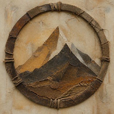 an emblem of a mountain peak inside a circle, simple bold shapes on a plain background, no text or lettering