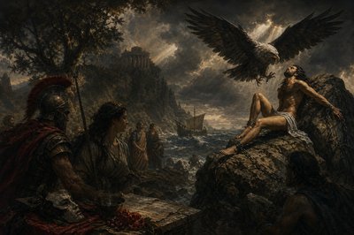 a painting of a man sitting on a rock with an eagle flying over him