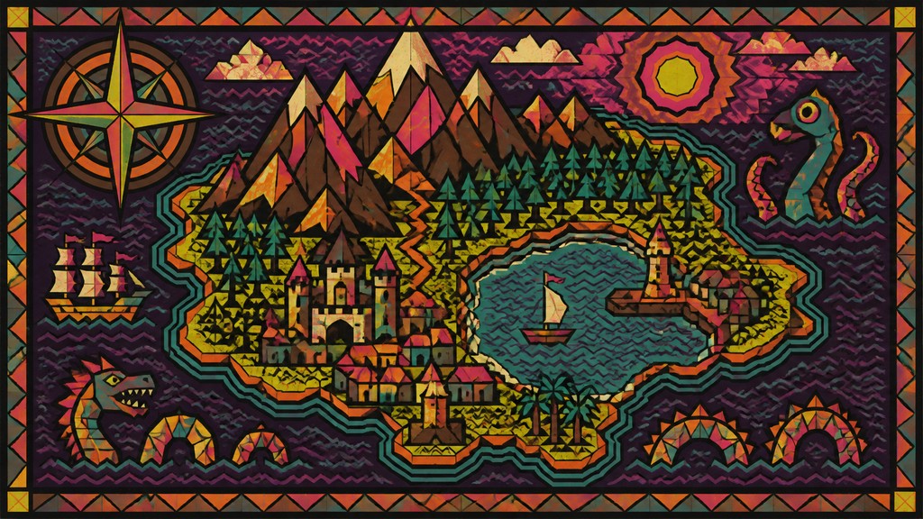 a map of an island realm with mountains, forests, a sheltered bay, sea monsters in the water and a compass rose, no text labels