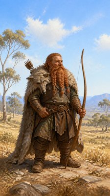 full-body original character: a dwarven ranger with a braided auburn beard, worn leather armor, a longbow and a wolf-pelt cloak, neutral background, no text