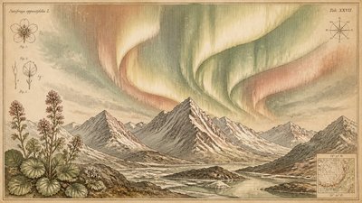 a flowing aurora over snowy peaks, wide sweeping composition, no people, no text