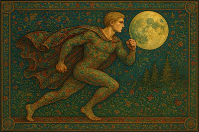 a painting of a man holding a full moon