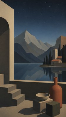 a tranquil mountain lake beneath a starry night sky, no people, no text