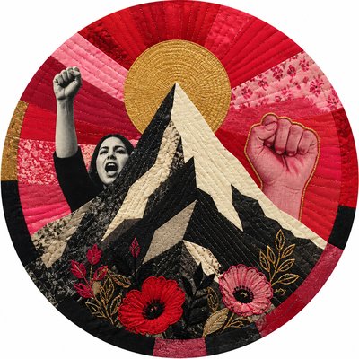 an emblem of a mountain peak inside a circle, simple bold shapes on a plain background, no text or lettering