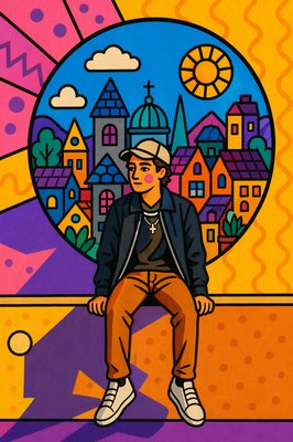 a painting of a man sitting on a bench