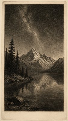 a tranquil mountain lake beneath a starry night sky, no people, no text