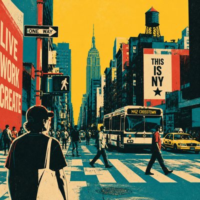 urban street with city activity — Screen Print Style