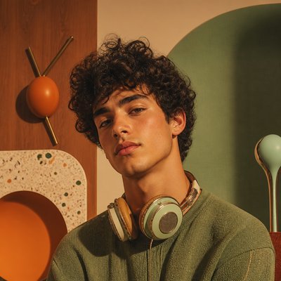 head-and-shoulders portrait of an original character: a young man with curly dark hair and headphones around his neck, plain backdrop, no text