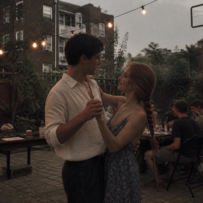 an original couple dancing under string lights in a garden at dusk: a man with short black hair in a linen shirt and a woman with braided red hair in a summer dress