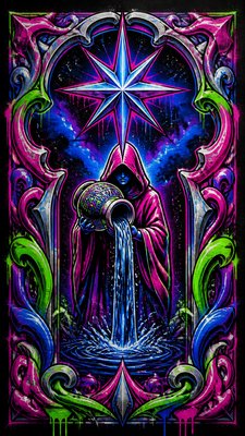 a robed figure pouring water beneath a large eight-pointed star in a night sky, symmetrical composition with an ornate decorative border, no text