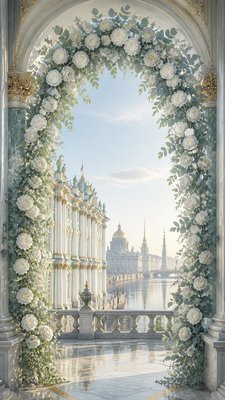 an arch of white roses and eucalyptus in soft morning light, elegant vertical composition with open space, no text
