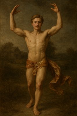 a painting of a man with his hands in the air