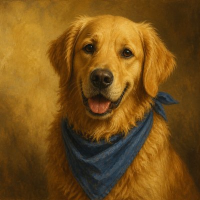 portrait of a golden retriever wearing a blue bandana, warm plain backdrop, no text