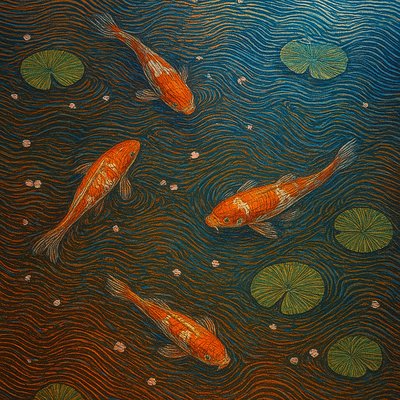 A koi pond seen from above, orange and white koi fish swimming among lily pads, clear water with subtle ripples, fallen cherry blossom petals floating on the surface, dappled sunlight