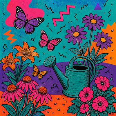 a garden scene with butterflies, flowers and a watering can, clean uncolored line art, no text