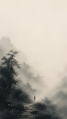 a mysterious forest path with fireflies and drifting mist, atmospheric vertical composition with open space at the top, no text