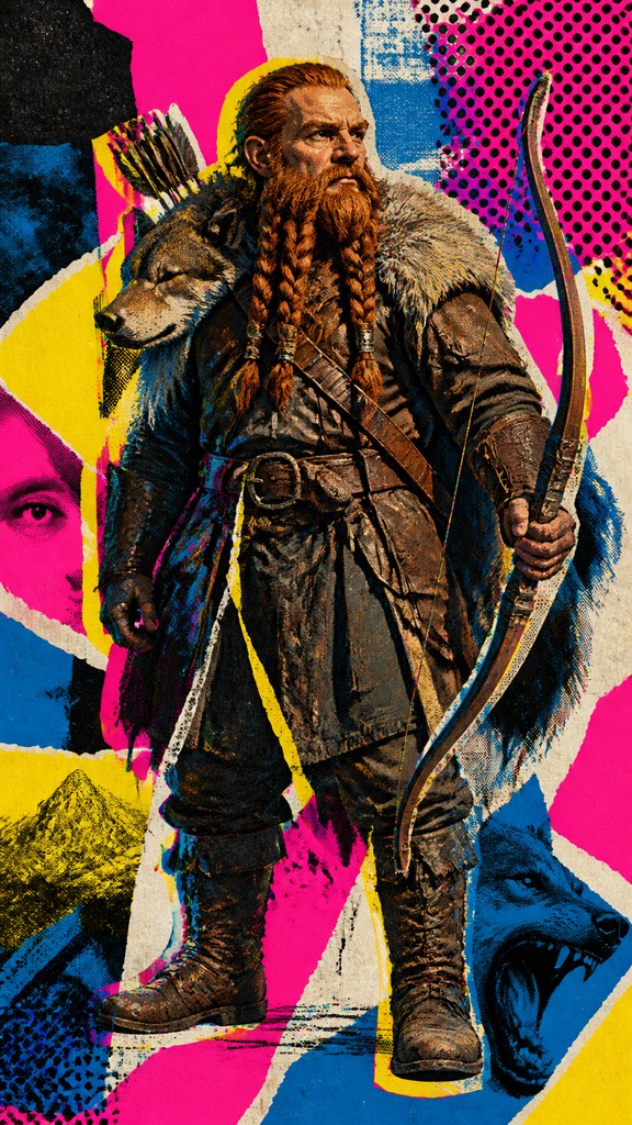 full-body original character: a dwarven ranger with a braided auburn beard, worn leather armor, a longbow and a wolf-pelt cloak, neutral background, no text