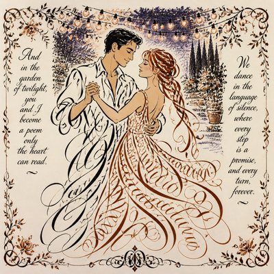an original couple dancing under string lights in a garden at dusk: a man with short black hair in a linen shirt and a woman with braided red hair in a summer dress