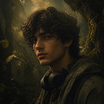 head-and-shoulders portrait of an original character: a young man with curly dark hair and headphones around his neck, plain backdrop, no text