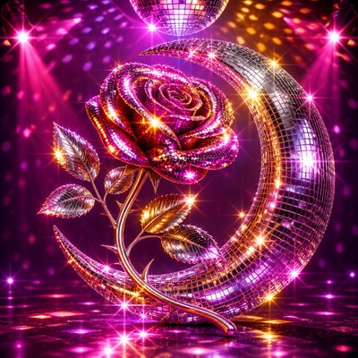 a rose entwined with a crescent moon, clean balanced composition on a plain background, no text