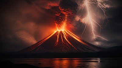an erupting volcano with lightning strikes, dramatic wide composition, no text