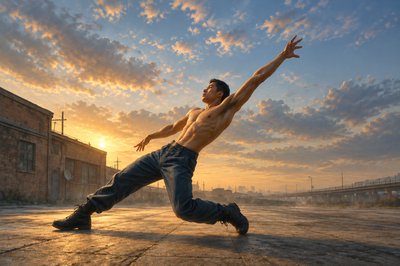 a shirtless man is dancing in the middle of the street