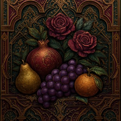 still life arrangement of fruits and flowers