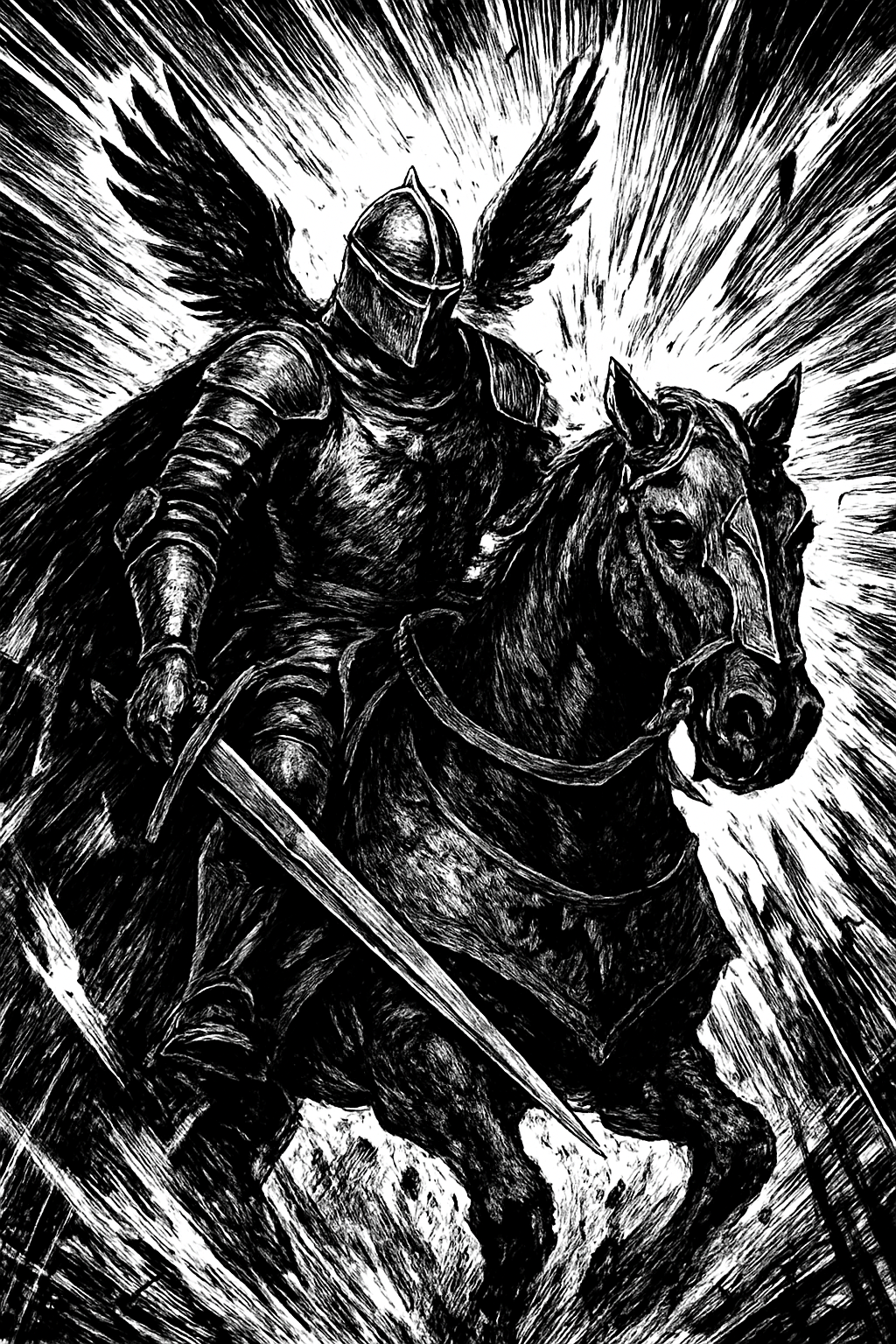 a black and white drawing of a knight on a horse