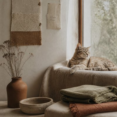 a cat lounging in a sunlit window