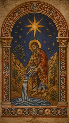 a robed figure pouring water beneath a large eight-pointed star in a night sky, symmetrical composition with an ornate decorative border, no text