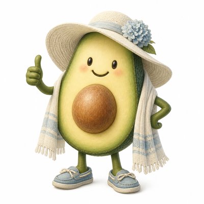 a happy avocado character giving a thumbs up, bold readable design on a plain background, no text