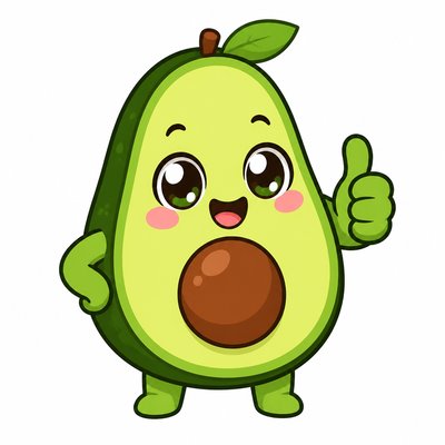 a happy avocado character giving a thumbs up, bold readable design on a plain background, no text