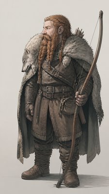 full-body original character: a dwarven ranger with a braided auburn beard, worn leather armor, a longbow and a wolf-pelt cloak, neutral background, no text