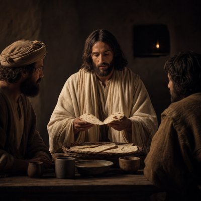 Luke 24:30 (KJV) 30 And it came to pass, as he sat at meat with them, he took bread, and blessed it, and brake, and gave to them. Please create this with an accurate depiction of unleavened bread as this is during the time of the Feast of Unleavened Bread.
