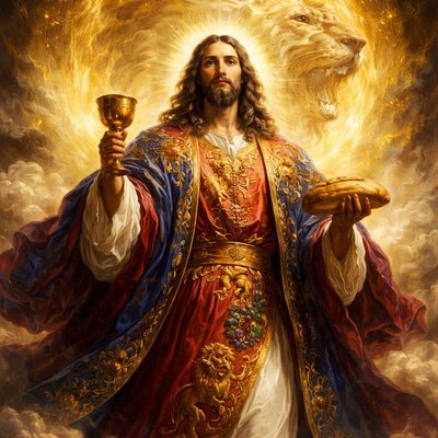 illustration depicting Jesus Christ as the true High Priest after the order of Melchizedek, fulfilling Hebrews 7:11.Standing prominently in radiant, warm golden light, Jesus dominates the foreground. He is clad in majestic, deep royal blue and your signature Tola scarlet priestly robes, heavily embroidered with intricate gold patterns of a roaring lion and flourishing grapevines. He does not wear the traditional Levitical (Aaron) high priestly garments. His expression is regal, compassionate, and powerful.A powerful, luminous golden aura shaped distinctly like a massive, roaring lion's head emanates from behind him, forming a spiritual halo that encompasses him. This symbolizes his dual role as King-Priest from the tribe of Judah. He holds up a golden chalice and a loaf of bread, referring to Melchizedek's offering and the new covenant.