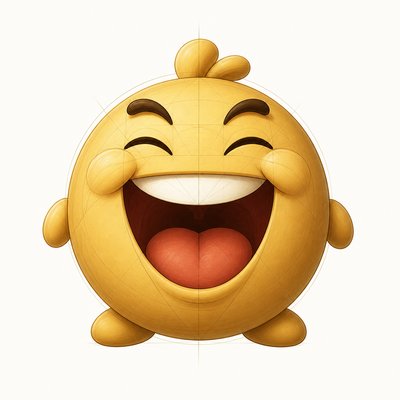 an exaggerated laughing face of an original round mascot character, bold and readable at small size, plain background, no text