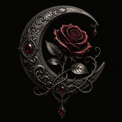 a rose entwined with a crescent moon, clean balanced composition on a plain background, no text