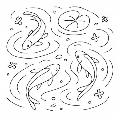 A koi pond seen from above, orange and white koi fish swimming among lily pads, clear water with subtle ripples, fallen cherry blossom petals floating on the surface, dappled sunlight