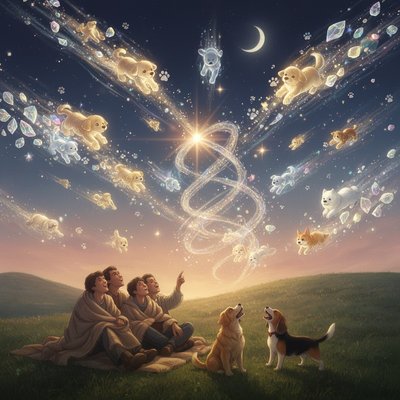 Art Style: A whimsical, magical fantasy photograph with a slight long-exposure effect. The aesthetic should be charming, warm, and full of wonder, like a scene from a high-budget Studio Ghibli film brought to real life.

The Sky (The Shower): The deep, dark night sky is alive with activity. Instead of standard meteor streaks, dozens of glowing, translucent "puppy-meteors" are zooming across the heavens.

The Puppies: They are clearly recognizable as adorable, fluffy puppies—golden retrievers, chunky corgis, fluffy samoyeds, and floppy-eared spaniels.

    Appearance: They emit a soft, warm, bioluminescent glow (golds, creams, and soft blues).

    Motion: They aren't falling tragically; they look playful, soaring and tumbling through space, leaving long, glittering trails of stardust and paw-print sparkles behind them. Let's make sure to include the moon phase we established earlier for continuity! A slender waning crescent moon is visible among the puppy-streaks.

The Foreground Setting: A wide, grassy hill perfect for stargazing.

    The Viewers: A family or group of friends wrapped in cozy blankets are sitting on the grass, looking up with expressions of pure joy and disbelief, pointing at the sky.

    Animal Reaction: On the ground next to them, two real dogs (an earth-bound golden retriever and a beagle) are looking up at the sky, barking happily and wagging their tails wildly at their celestial cousins.

Lighting: The primary light source is the magical, warm glow from the dozens of puppy-meteors streaking overhead, casting soft light on the landscape below.