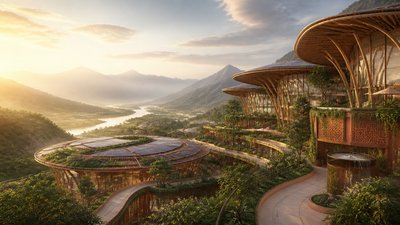 a vast valley with a river winding toward distant mountains at sunrise, no people, no text