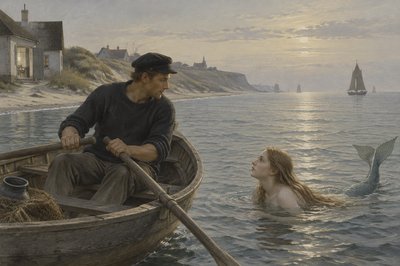 the sailor rowing his boat on the sea meets the  mermaid swimming nearby
