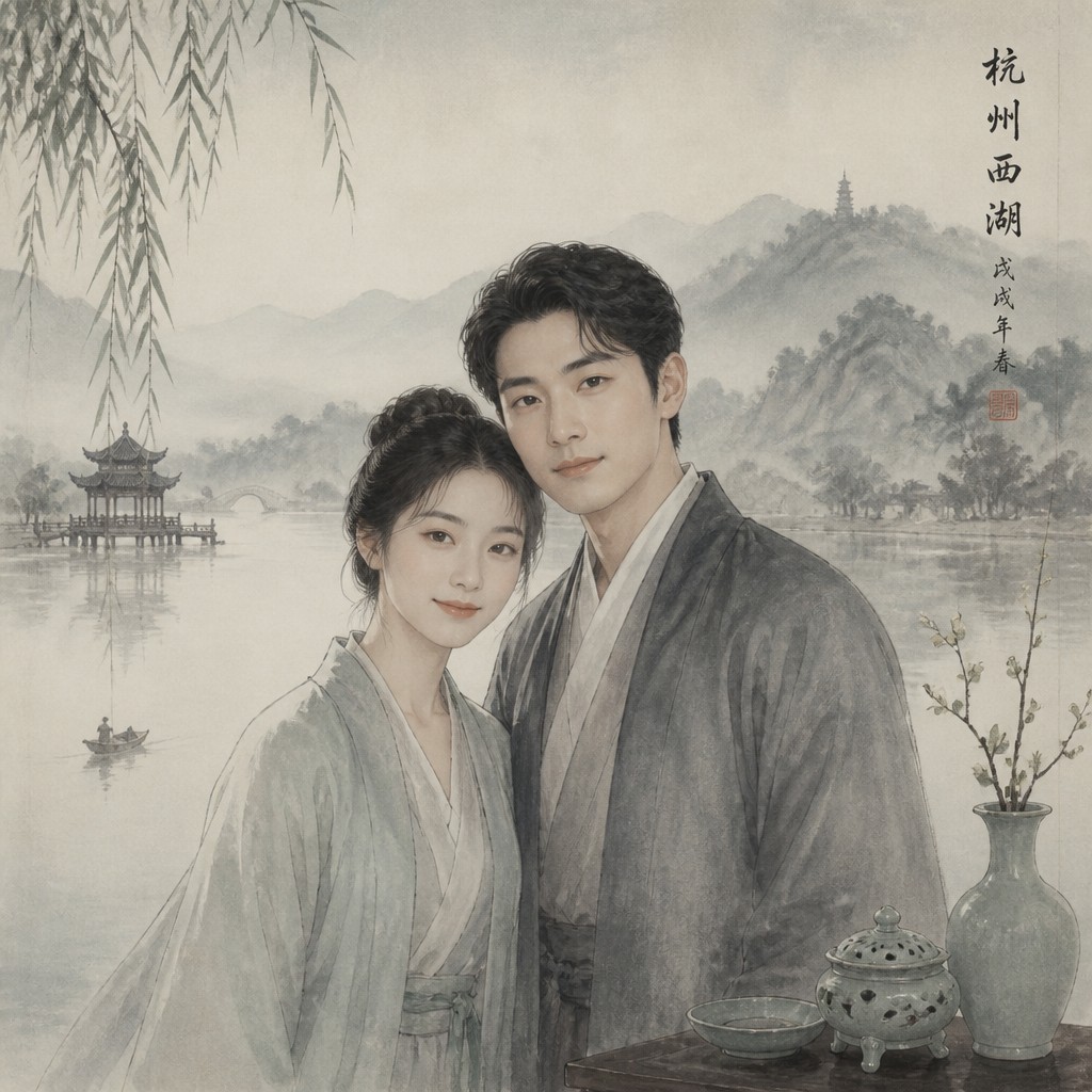 portrait of two people together — Hangzhou Art Style